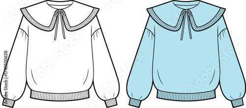Trendy women blouse flat sketch with peter pan collar, long sleeve fashion cad drawing, stylish top vector template for apparel design