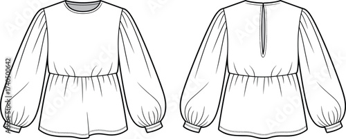 Elegant puff sleeve blouse fashion flat sketch, women apparel design cad drawing, trendy long sleeve top vector template for sewing patterns