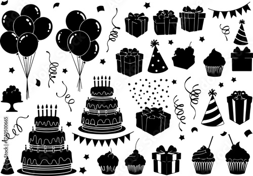 Abstract Black Silhouette Set of Birthday Cake, Candles, Balloons, and Party Hats with Fine Detailed Lines