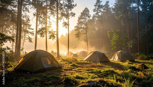 Camping Tents in Forest with Morning Sunlight Streaming Through Trees Landscape Campsite Scene Adventure and Outdoor Lifestyle with Natural Beauty Peaceful Nature Scene