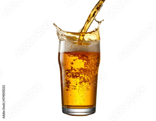 Pouring Colorful Beer into Pint Glass, Dynamic Action, isolated on transparent background png