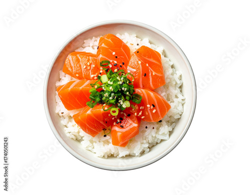  Raw Salmon Donburi with Rice, Top-Down View, isolated on transparent background png