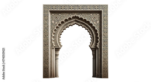 Ornate moroccan archway with intricate geometric patterns isolated on transparent background