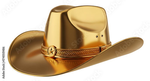 Shiny golden cowboy hat with a decorative band and buckle, isolated on transparent background