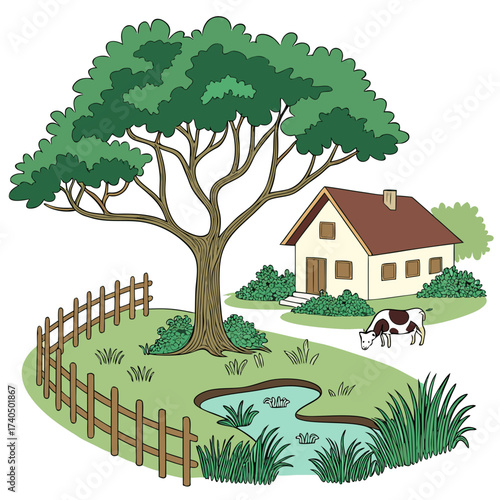 A charming cartoon illustration of a peaceful farm scene with a house large tree pond fence and a grazing cow