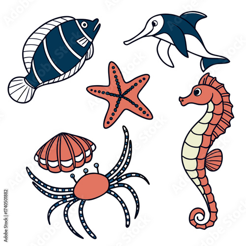 A charming collection of hand drawn marine life including a fish dolphin starfish seahorse crab and seashell on a white background