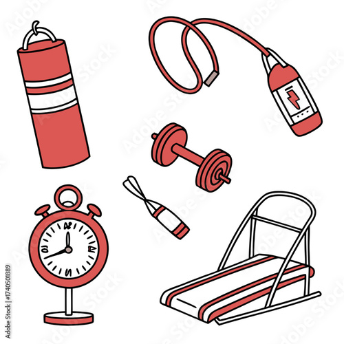 A collection of cartoon style fitness equipment including a punching bag jump rope dumbbell stopwatch treadmill and a small vial