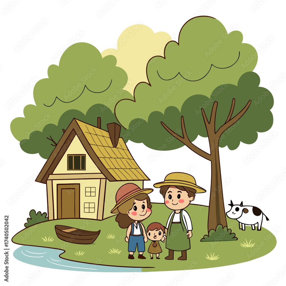 Naklejka premium Charming cartoon family in straw hats and overalls with a farmhouse boat cow and trees in a vibrant rural landscape