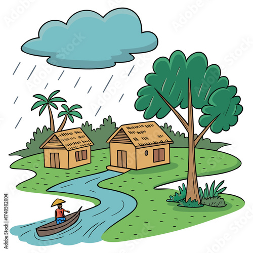 A person in a boat navigates a river through a village during a rain shower under a cloudy sky