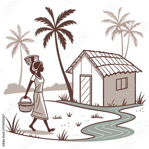 African woman carrying water baskets walks past a thatched roof hut and palm trees in a rural village scene
