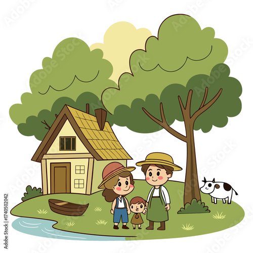Charming cartoon family in straw hats and overalls with a farmhouse boat cow and trees in a vibrant rural landscape