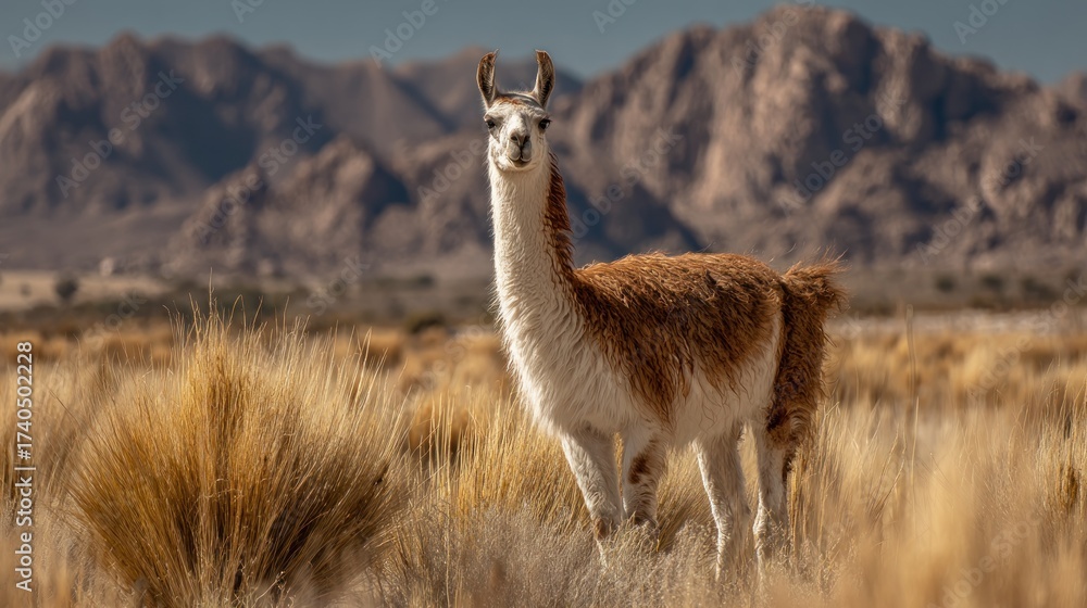 Naklejka premium Llama standing in a grassy field with mountains in the background