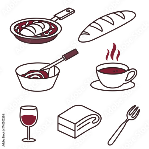 Collection of stylized food and drink icons including a frying pan with food a loaf of bread a bowl with sauce a cup of hot coffee a glass of red wine a stack of towels and a fork