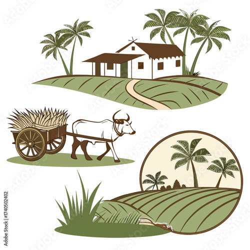 Traditional rural indian village scene with a bullock cart carrying harvest and a hut surrounded by palm trees and cultivated fields