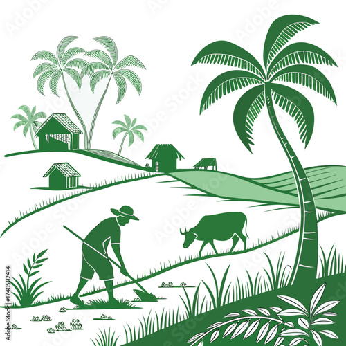 Tropical farmer tending crops with a cow and palm trees in a stylized green illustration