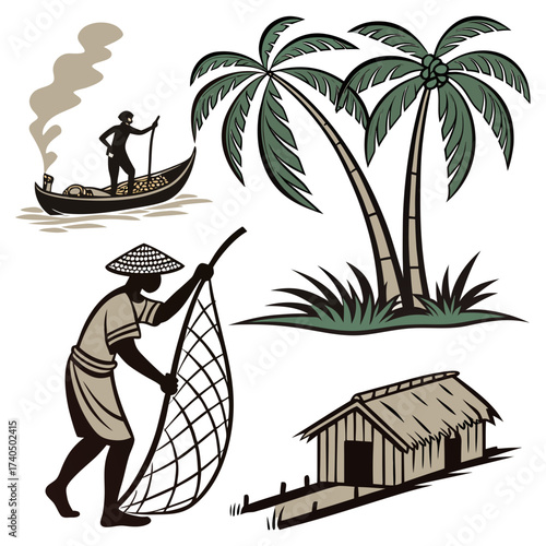 Tropical island life depicted with a fisherman a boat with goods palm trees and a hut in a stylized illustration