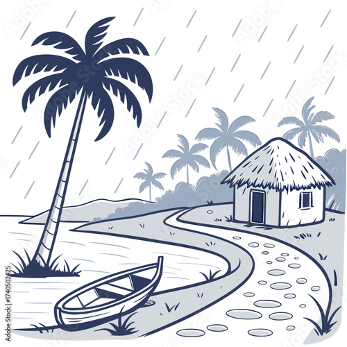 Tropical island scene with a thatched hut palm trees a boat and falling rain in a stylized illustration