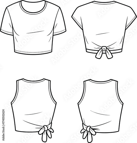 CAD flat vector fashion sketch of women’s crop top with front tie knot and sleeveless side knot variations, trendy casual design