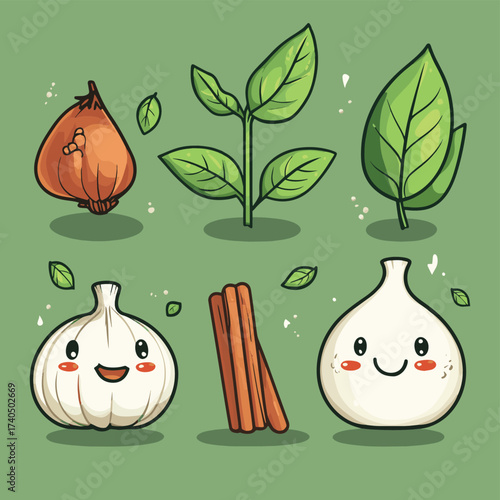 Cute cartoon characters of basil leaves cinnamon stick shallot bay leaves and garlic , vector style simple color