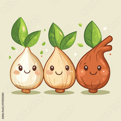 Cute cartoon characters of basil leaves cinnamon stick shallot bay leaves and garlic , vector style simple color
