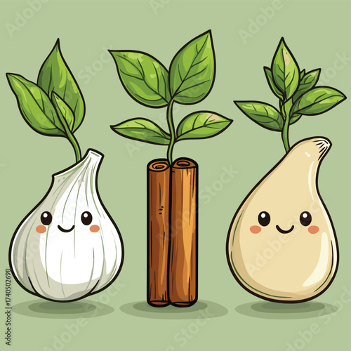 Cute cartoon characters of basil leaves cinnamon stick shallot bay leaves and garlic , vector style simple color