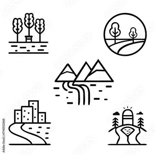 Flat Outline Nature Scene and City Landscape Icons Collection– Mountain, Trees, River, Urban Skyline, Buildings