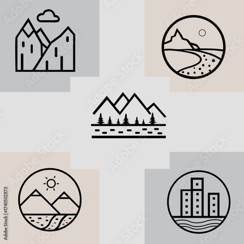 Minimal Nature Line Art Landscape Icon Bundle and Mountains, River, Park, Cityscape, Urban Landscape