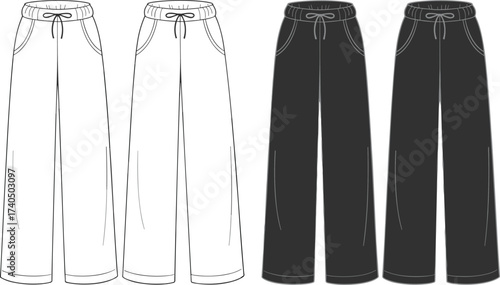 CAD drawing flat vector fashion sketch of women’s wide-leg lounge pants with elastic waistband, drawstring tie, side pockets, casual relaxed fit