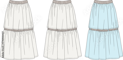 CAD drawing flat vector fashion sketch of women’s tiered midi skirt with elastic waistband, layered design, casual flared silhouette style