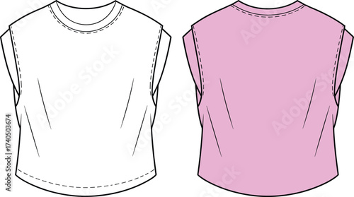CAD drawing flat vector fashion sketch of sleeveless tank top, casual women’s crop shirt, front and back technical clothing design