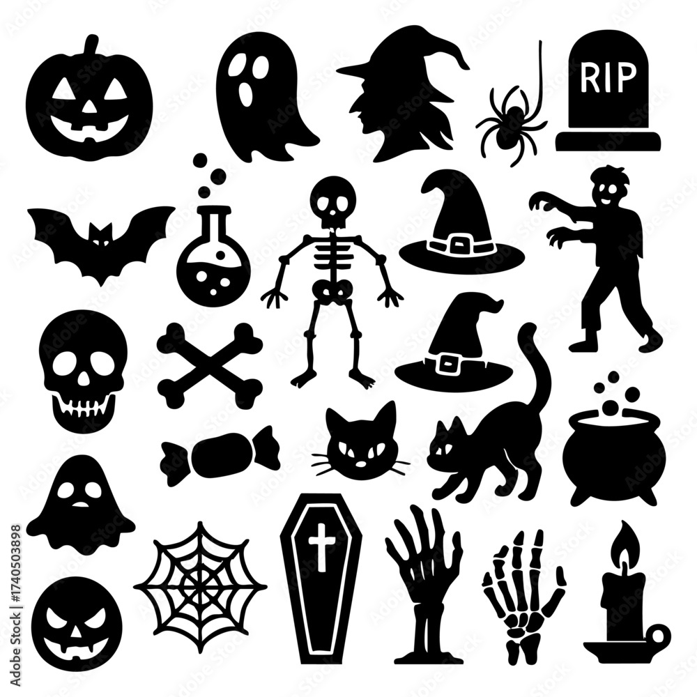 Obraz premium Halloween Silhouette Icon Set with Ghost, Skull, Witch, Pumpkin, Bat, Tombstone and Spooky Clipart