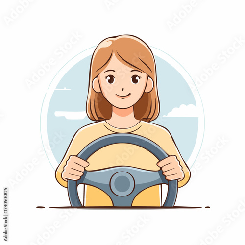 Smiling young blonde woman driving a car cartoon illustration isolated on white background