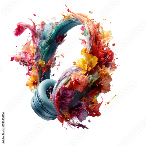 Headphones surrounded by vibrant paint swirls