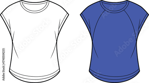 CAD drawing flat vector fashion sketch of women’s t-shirt design, short sleeve top front view technical apparel illustration