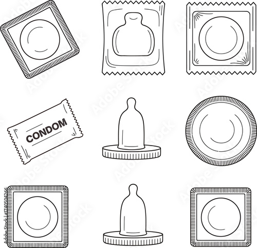 Collection of hand drawn condom illustrations in packaging and unwrapped