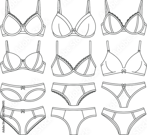 Collection of hand drawn sketches of bras and panties lingerie set