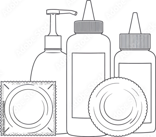 Line art drawing of condom lubricant bottles and condom wrapper