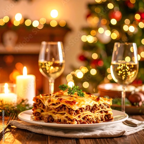 Festive Dining Scene Lasagna, Wine, & Christmas Ambiance