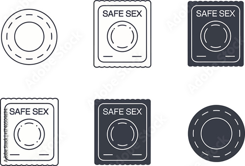 Collection of condom packaging and individual condom illustrations