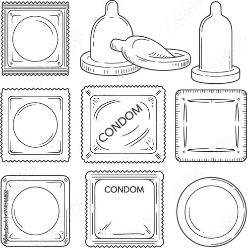Collection of hand drawn condom packaging and condoms