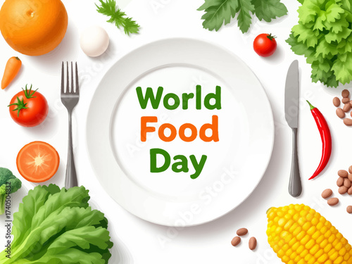 World Food Day image with plate surrounded by fresh produce.