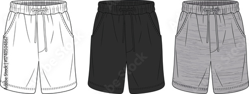 Men’s shorts, fashion flat sketch, CAD drawing, vector illustration, drawstring shorts, casual wear, clothing template, garment technical sketch, stylish activewear