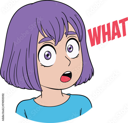 A Surprised or Shocked Young Woman with Purple Hair Exclaiming 'WHAT' in a Bold Red Comic Text Bubble, Expressing Confusion and Disbelief Meme.
