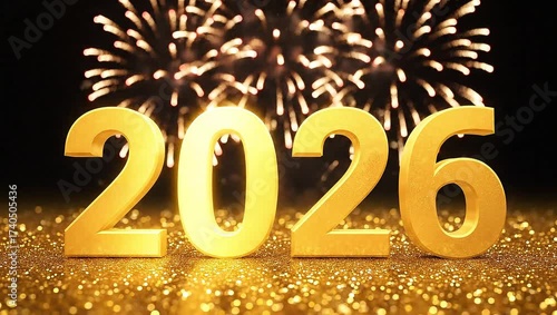 Golden 2026 numbers with fireworks and glitter on a black background celebrating Happy New Year 2026