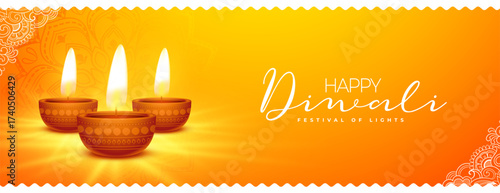 happy diwali greeting wallpaper with realistic diya