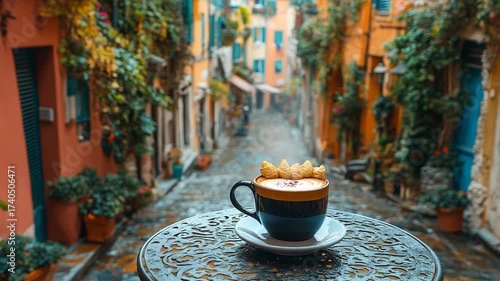 Morning Cappuccino on a Mosaic Table in a Charming European Alley.