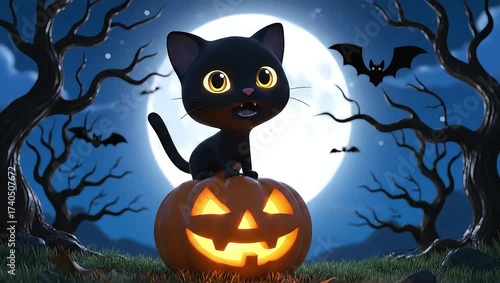 Cartoon Black Cat Sitting on Halloween Pumpkin with Bats and Moon Background