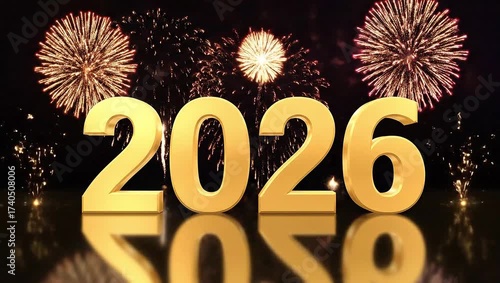 Golden 2026 text with fireworks reflecting on a shiny surface at Happy New Year 2026 celebration