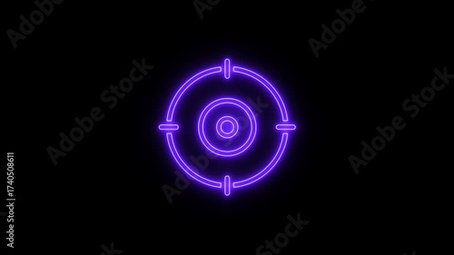 Neon aim cross, target search and aiming animation. Glowing neon target icon, circle, collection, cross, cursor, 
