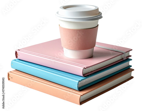 Stack of Colorful Notebooks with Travel Coffee Cup Clipart PNG